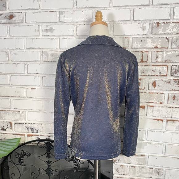 Vintage 90s Slightly Sheer Blue Gold Iridescent Button Down Long Sleeve Top - Picture 9 of 11